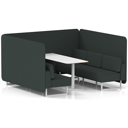 Brixworth 6 Seater Bench Booth With Table, White Legs, White Table, Rivet Fabric, Charcoal Panels And Sofa