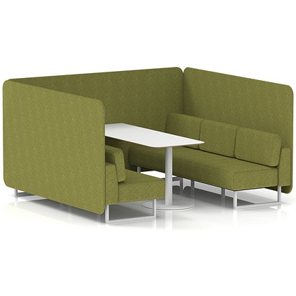 Brixworth 6 Seater Bench Booth With Table, White Legs, White Table, Rivet Fabric, Olive Panels And Sofa