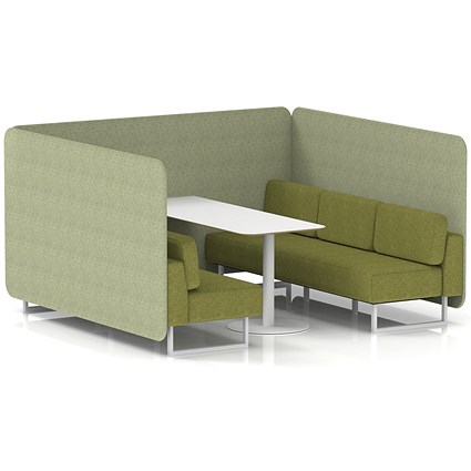 Brixworth 6 Seater Bench Booth With Table, White Legs, White Table, Rivet Fabric, Burnish Panels And Olive Sofa