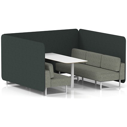 Brixworth 6 Seater Bench Booth With Table, White Legs, White Table, Rivet Fabric, Charcoal Panels And Vitreous Sofa