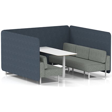 Brixworth 6 Seater Bench Booth With Table, White Legs, White Table, Rivet Fabric, Crucible Panels And Prime Sofa