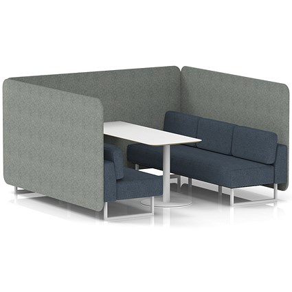 Brixworth 6 Seater Bench Booth With Table, White Legs, White Table, Rivet Fabric, Prime Panels And Crucible Sofa