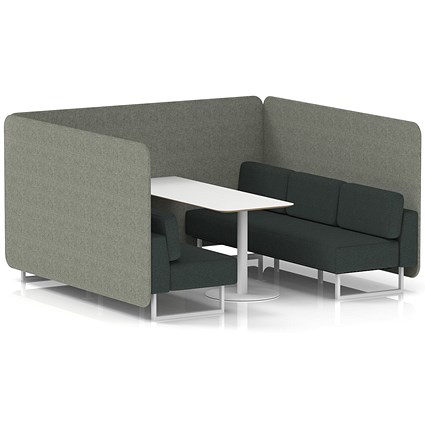 Brixworth 6 Seater Bench Booth With Table, White Legs, White Table, Rivet Fabric, Vitreous Panels And Charcoal Sofa
