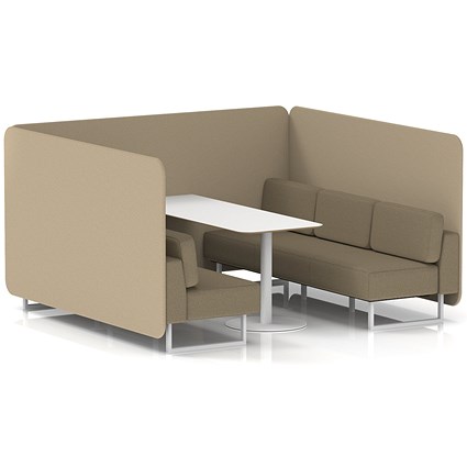 Brixworth 6 Seater Bench Booth With Table, White Legs, White Table, Main Line Flax Fabric, Upminster Panels And Bank Sofa