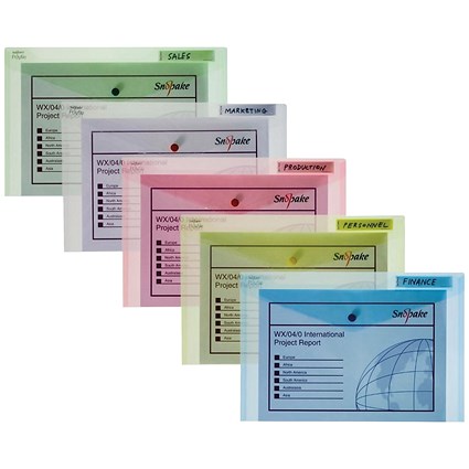 Snopake Foolscap Polyfile Classic Popper Wallets, Assorted, Pack of 5