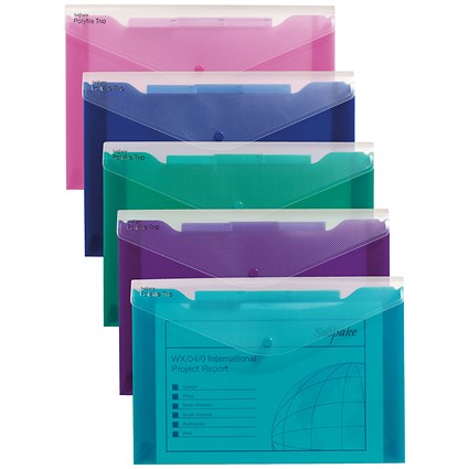 Snopake A4 Polyfile Trio Popper Wallets, Assorted, Pack of 5