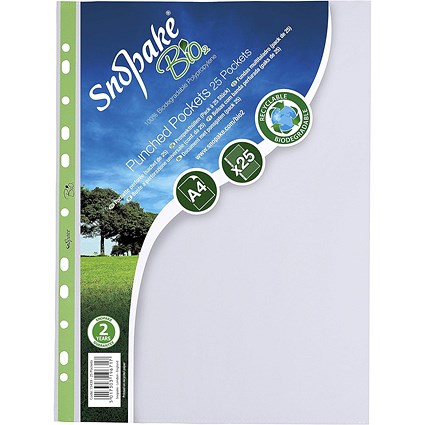 Snopake Bio A4 Heavy Duty Punched Pockets, 60 Micron, Top Opening, Pack of 25 Snopake Bio A4 Heavy Duty Punched Pockets, 60 Micron, Top Opening, Pack of 25