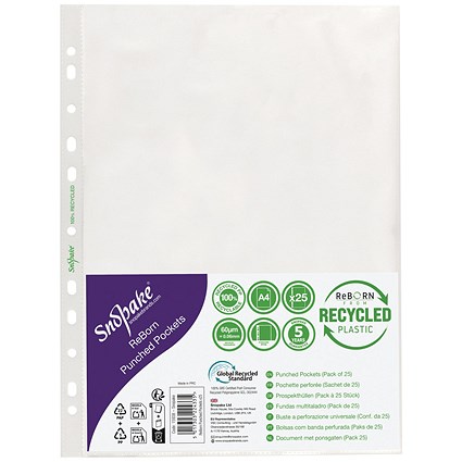 Snopake Reborn Punched Pockets A4 Polypropylene Clear (Pack of 25)