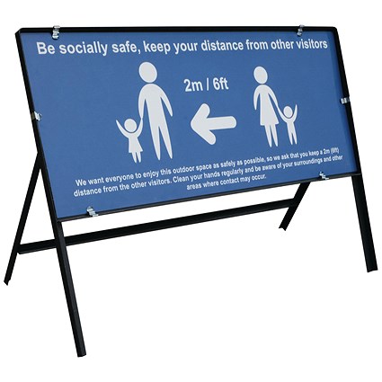 Be socially safe Q sign - 1050 x 450mm - Blue