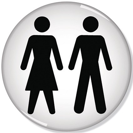 Domed Women and Men Symbol Sign, 60mm Diameter, Black on White