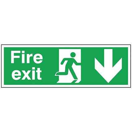 Safety Sign Fire Exit Running Man Arrow Down, 150x450mm, Self Adhesive