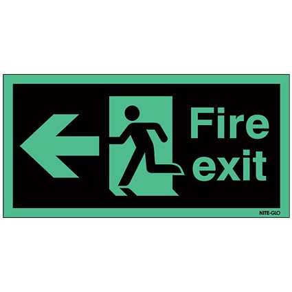 Safety Sign Niteglo Fire Exit Running Man Arrow Left, 150x450mm, Self Adhesive