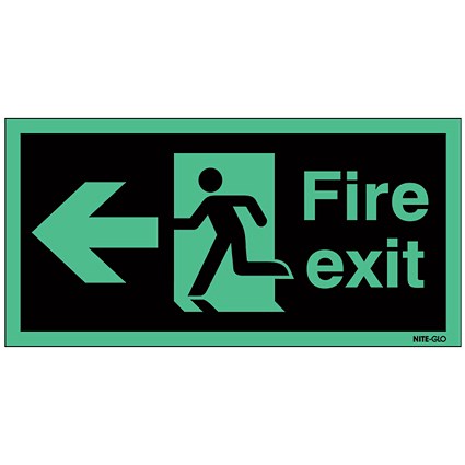 Safety Sign Niteglo Fire Exit Running Man Arrow Left, 150x450mm, Self Adhesive Safety Sign Niteglo Fire Exit Running Man Arrow Left, 150x450mm, Self Adhesive