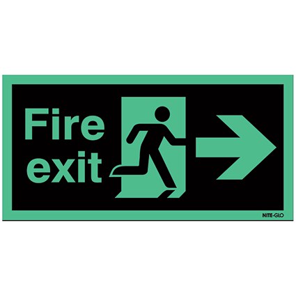 Safety Sign Niteglo Fire Exit Running Man Arrow Right, 150x450mm, Self Adhesive