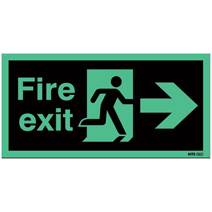 Safety Sign Niteglo Fire Exit Running Man Arrow Right, 150x450mm, Self Adhesive Safety Sign Niteglo Fire Exit Running Man Arrow Right, 150x450mm, Self Adhesive