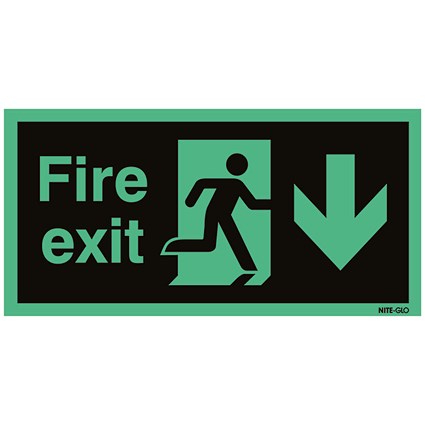 Safety Sign Niteglo Fire Exit Running Man Arrow Down, 150x450mm, Self Adhesive