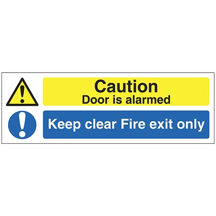 Safety Sign Caution Door is Alarmed Keep Clear Fire Exit Only Sign, 150x450mm, Self Adhesive
