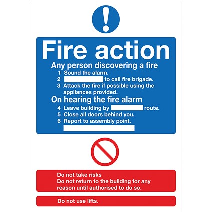 Safety Sign Fire Action Words, A4, Self Adhesive