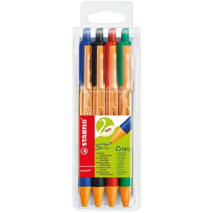 Stabilo Pointball Ballpoint Pen, Retractable, Assorted, Pack of 4