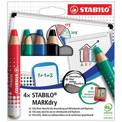 Stabilo Markdry Whiteboard Pencil with Sharpener and Cloth, Assorted, Pack of 4
