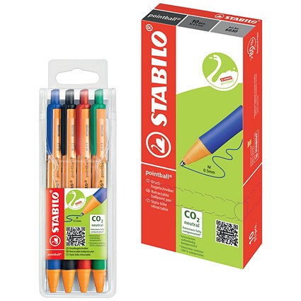Stabilo Pointball Retractable Ballpoint Pen, Black, Pack of 10 - Get Stabilo Pointball Ballpoint Pen, Retractable, Assorted, Pack of 4 Free
