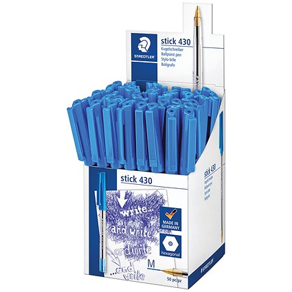 Staedtler Stick 430 Ballpoint Pen, Medium, Blue, Pack of 50