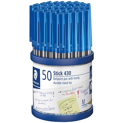 Staedtler Stick 430 Ballpoint Pen, Medium, Blue, Pack of 50