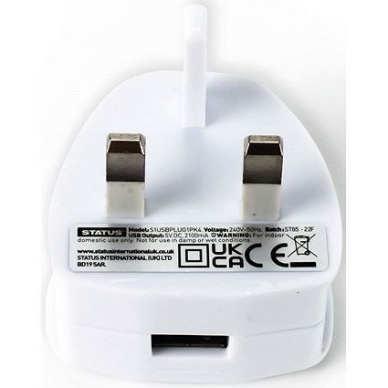 Status USB Type A Power Adapter Plug, White Status USB Type A Power Adapter Plug, White