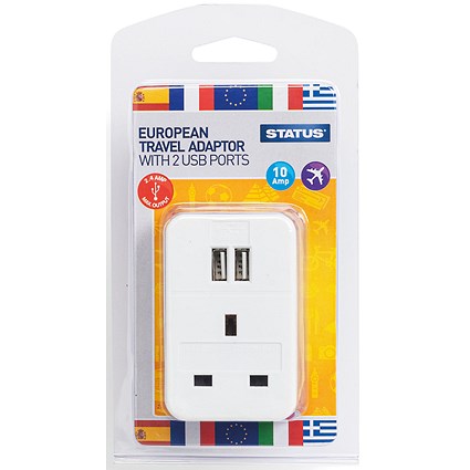 Status UK to European Travel Adaptor USB Plug, Pack of 3