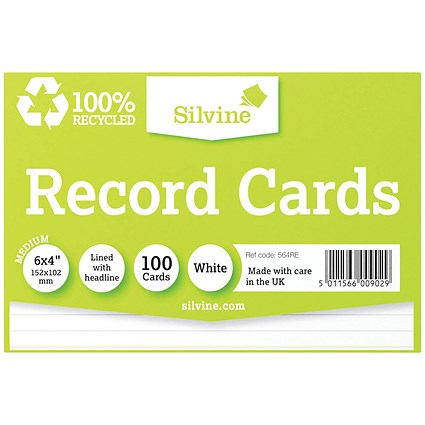 Silvine Lined Record Cards, Climate Friendly, 152x102mm, White, Pack of 100