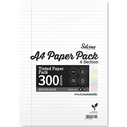 Silvine Tinted Paper SEN/Dyslexia 300 Sheets 6 Colours Ruled A4 (Pack of 5)