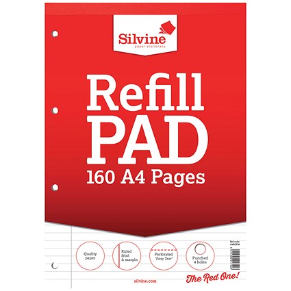 Silvine Headbound Refill Pad, A4, Ruled with Margin, 160 Pages, Red, Pack of 6 Silvine Headbound Refill Pad, A4, Ruled with Margin, 160 Pages, Red, Pack of 6