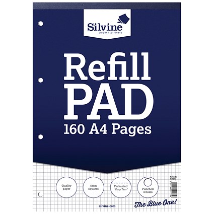 Silvine Headbound Refill Pad, A4, 5mm Squares, 160 Pages, Blue, Pack of 6