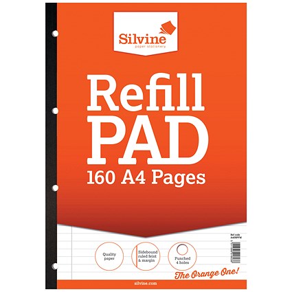 Silvine Sidebound Refill Pad, A4, Ruled, 160 Pages, Orange, Pack of 6 Silvine Sidebound Refill Pad, A4, Ruled, 160 Pages, Orange, Pack of 6