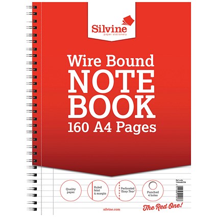 Silvine Wirebound Notebook, A4, Ruled & Perforated, 160 Pages, Red, Pack of 6 Silvine Wirebound Notebook, A4, Ruled & Perforated, 160 Pages, Red, Pack of 6