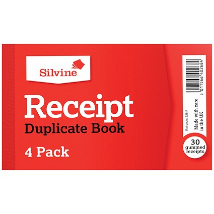 Silvine Duplicate Receipt Book 63x106mm Gummed (Pack of 36) 228