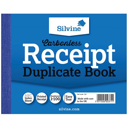 Silvine Carbonless Duplicate Receipt Book, 100 Sets, 102x127mm, Pack of 12