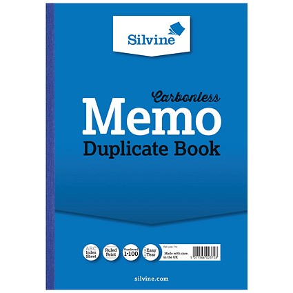 Silvine Carbonless Duplicate Memo Book, Ruled, 100 Sets, A4, Pack of 3