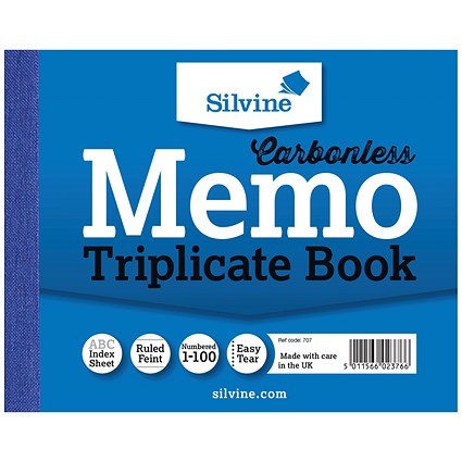 Silvine Carbonless Triplicate Memo Book, Ruled, 100 Sets, 102x127mm (Pack of 5)