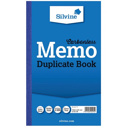 Silvine Carbonless Duplicate Memo Book, Ruled, 100 Sets, 210x127mm, Pack of 6