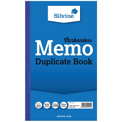 Silvine Carbonless Duplicate Memo Book, Ruled, 100 Sets, 210x127mm, Pack of 6 Silvine Carbonless Duplicate Memo Book, Ruled, 100 Sets, 210x127mm, Pack of 6