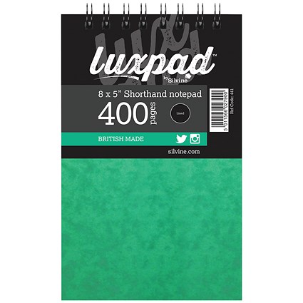 Silvine Luxpad Wirebound Shorthand Notebook, 203x127mm, Ruled & Perforated, 400 Pages, Green, Pack of 6