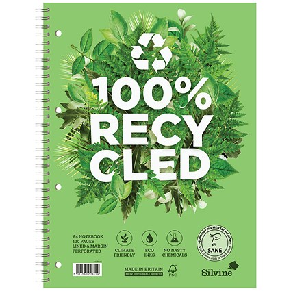 Silvine Premium Recycled Wirebound Notebook, A5, Ruled, 120 Pages, Pack of 5