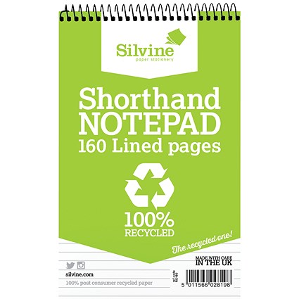Silvine Recycled Wirebound Shorthand Notepad, 200x125mm, Ruled, 160 Pages, Green, Pack of 12 Silvine Recycled Wirebound Shorthand Notepad, 200x125mm, Ruled, 160 Pages, Green, Pack of 12