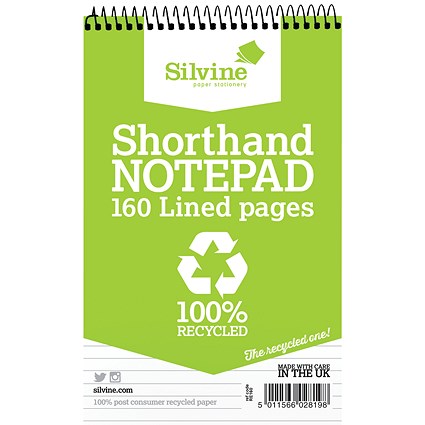 Silvine Recycled Wirebound Shorthand Notepad, 200x125mm, Ruled, 160 Pages, Green, Pack of 12