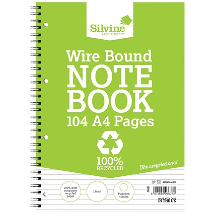 Silvine Recycled Wirebound Notebook, A4, Ruled, Punched, 104 Pages, Pack of 12