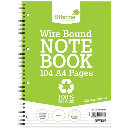Silvine Recycled Wirebound Notebook, A4, Ruled, 104 Pages, Green, Pack of 12 Silvine Recycled Wirebound Notebook, A4, Ruled, 104 Pages, Green, Pack of 12