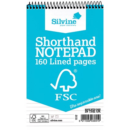 Silvine FSC Certified Wirebound Shorthand Notebook, 203x127mm, Ruled & Perforated, Blue, Pack of 10