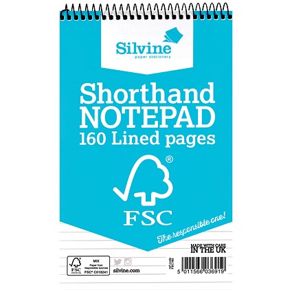 Silvine FSC Certified Wirebound Shorthand Notebook, 203x127mm, Ruled & Perforated, Blue, Pack of 10 Silvine FSC Certified Wirebound Shorthand Notebook, 203x127mm, Ruled & Perforated, Blue, Pack of 10