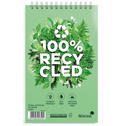 Silvine Premium Recycled Reporters Notebook, 203x125mm, Ruled, 160 Pages, Green, Pack of 3 Silvine Premium Recycled Reporters Notebook, 203x125mm, Ruled, 160 Pages, Green, Pack of 3